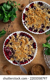 Berry Crumble Pie, Top View, Wooden Background,