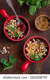 Berry Crumble Pie, Top View, Wooden Background