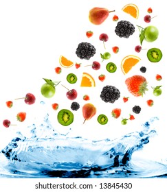 Berry And Fruit Falling In Juice. Isolation