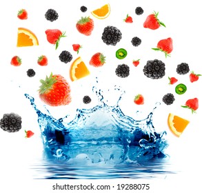 Berry And Fruit Falling In Juice. Isolation