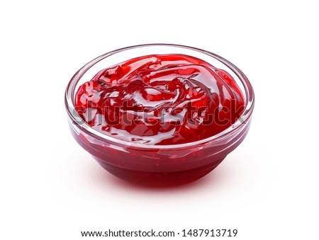 Berry jam isolated on white background with clipping path, small glass bowl of red fruit marmalade