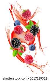 Berry Mix In Juice Splash Isolated On A White Background