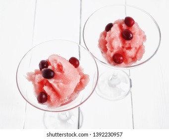 Berry And Rose Granita  On White Table. Homemade Granita Dessert, Refreshing Summer Party Food