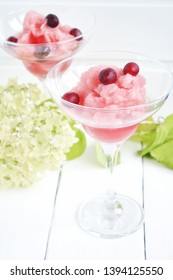 Berry And Rose Granita  On White Table. Homemade Granita Dessert, Refreshing Summer Party Food