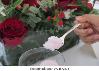 Berry And Rose Granita On White Table. Homemade Granita Dessert, Refreshing.selective Focus.