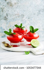 Berry Slushie With Lime, Summer Refreshing Drink In Serving Glasses. 