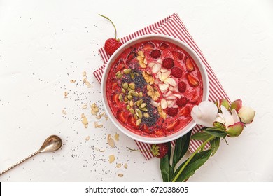 Berry Smoothie In The Bowl. Top View.