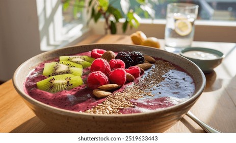 Berry Smoothie Bowl: A vibrant smoothie bowl made with blended berries, topped with granola, fresh fruit slices, and a drizzle of honey, perfect for a healthy, refreshing breakfast. - Powered by Shutterstock