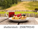 Berry tart and hot black tea cup on a wooden rustic table. Outdoor Breakfast in the mountain countryside, Tirol, Italy.