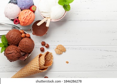 Berry, Vanilla And Chocolate Ice Cream Sundae. Top View Flat Lay With Copy Space