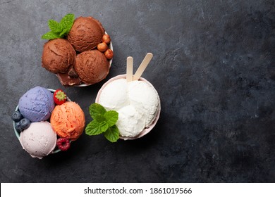 Berry, Vanilla And Chocolate Ice Cream Sundae. Top View Flat Lay With Copy Space