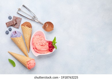 Berry, Vanilla And Chocolate Ice Cream Sundae. Top View Flat Lay With Copy Space