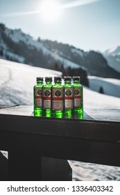 Berwang / Austria - February 19 2019: Small Jägermeister Bottles On A Balcony With Snowy Mountains In The Background Apres Ski