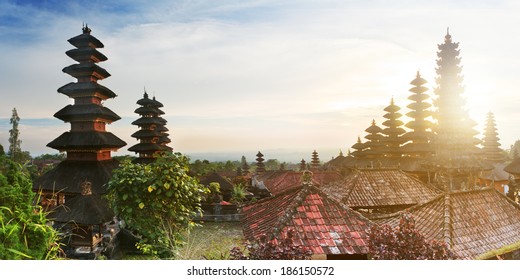Besakih complex Pura Penataran Agung panorama at sunset, hindu mother temple of Bali, Indonesia