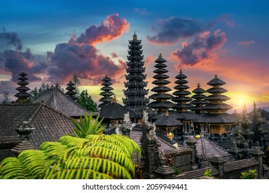 Besakih temple at sunset in Bali, Indonesia.
