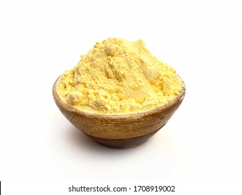 Besan, Gram Or Chickpea Flour In Wooden Bowl Isolated On White Background. Gram Flour Known As Besan Powder.