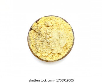 Besan, Gram Or Chickpea Flour In Wooden Bowl Isolated On White Background. Gram Flour Known As Besan Powder.