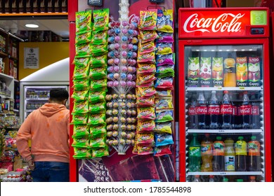 Besiktas, Turkey - May 7 2020: Packaged FMCG (Fast Moving Consumer Goods) Products Displayed On A Street Shelf Of Traditional Market In Besiktas.