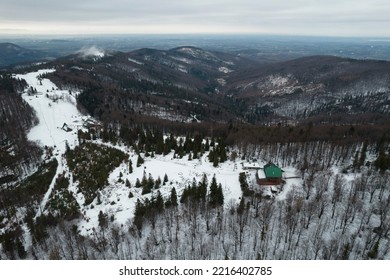 Beskid Mountains And Hostel In Winter.