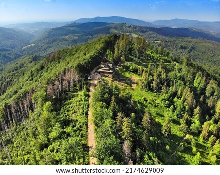 Beskid Slaski mountain range (Silesian Beskids) in Southern Poland. Hiking trail in Wisla, Poland - Stozek mountain.