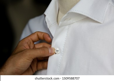 Bespoke White Shirt, Hand Stitch, Details. Close-up View