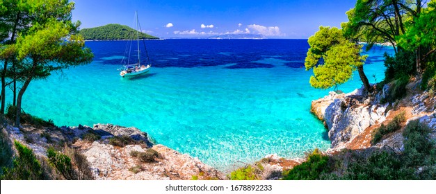 Best beaches of Skopelos island - Kastani with crystal turquoise sea. Sporades, Greece