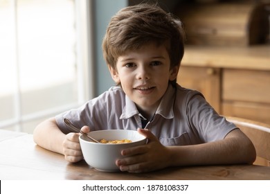 Best Breakfast Ever. Portrait Of Adorable Little Boy Looking At Camera Having Healthy Tasty Snack. Small Kid Posing By Kitchen Table Holding Bowl Of Sugar Coated Cereal Frosted Corn Flakes With Milk