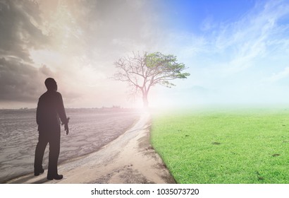 The Best Decision For Good Life Concept: Businessman Standing Between Climate Worsened With Good Atmosphere Background