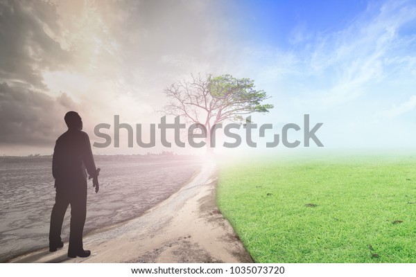 The best\
decision for good life concept: Businessman standing between\
climate worsened with good atmosphere\
background