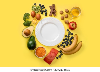 Best Foods For Brain And Memory On Yellow Background. Food For Mind And Charge Of Energy. Healthy Lifestyle. Copy Space. Top View. Mind Diet