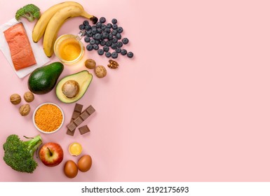 Best Foods For Brain And Memory On Pink Background. Food For Mind And Charge Of Energy. Healthy Lifestyle. Copy Space. Top View. Mind Diet