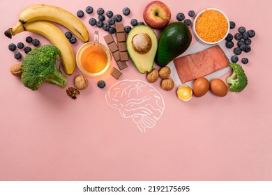 Best Foods For Brain And Memory On Pink Background. Food For Mind And Charge Of Energy. Healthy Lifestyle. Copy Space. Top View. Mind Diet