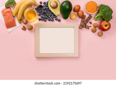 Best Foods For Brain And Memory On Pink Background. Food For Mind And Charge Of Energy. Healthy Lifestyle. Copy Space. Top View. Mind Diet