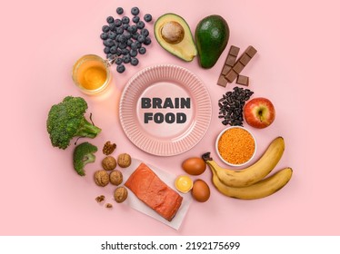 Best Foods For Brain And Memory On Pink Background. Food For Mind And Charge Of Energy. Healthy Lifestyle. Copy Space. Top View. Mind Diet