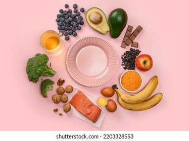 Best Foods For Brain And Memory On Pink Background. Food For Mind And Charge Of Energy. Healthy Lifestyle. Copy Space. Top View. Mind Diet