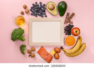 Best Foods For Brain And Memory On Pink Background. Food For Mind And Charge Of Energy. Healthy Lifestyle. Copy Space. Top View. Mind Diet