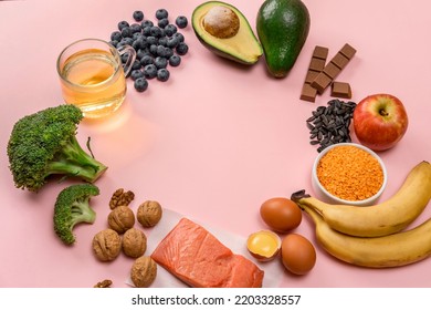 Best Foods For Brain And Memory On Pink Background. Food For Mind And Charge Of Energy. Healthy Lifestyle. Copy Space. Top View. Mind Diet