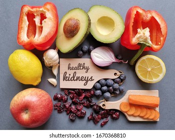 The best foods for kidneys health. Healthy food helps boost kidney function while preventing further damage. Kidney diet or renal diet and foods for chronic kidney disease. Concept of healthy eating. - Shutterstock ID 1670368810