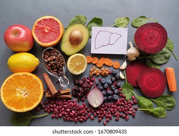 The Best Foods For Liver Health. Liver Detox Super Food After Alcohol And Over Eating. Healthy Foods For Healthy Liver. Concept Of Liver Disease Diet. Avocado, Coffee, Beetroot, Blueberry, Cranberry..