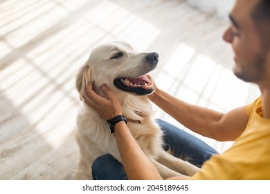 Best friend concept. Millennial Arab man scratching his dog on floor at home, selective focus. Young Eastern guy playing with his adorable pet, spending time with golden retriever indoors - Shutterstock ID 2045189645