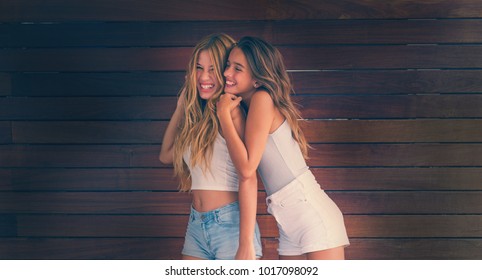 Best friends teen girls happy having fun together filtered image