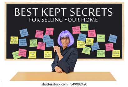 Best Kept Secrets For Selling Your Home (Brighten, First Impression, Hide Pets, Closets Tidy And Half Empty) Teacher Purple Hair Isolated On White Background