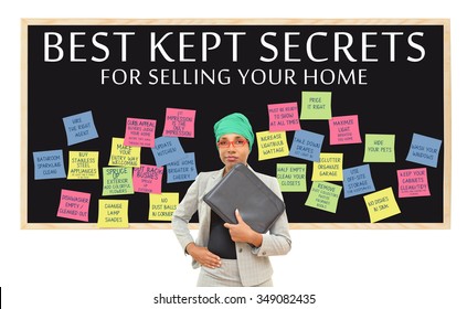 Best Kept Secrets For Selling Your Home (Brighten, First Impression, Hide Pets, Closets Tidy And Half Empty) Professional Woman Wearing Head Wrap Holding Binder Isolated On White Background