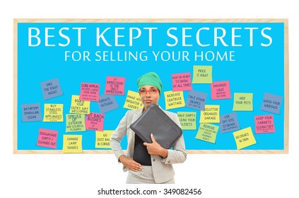 Best Kept Secrets For Selling Your Home (Brighten, First Impression, Hide Pets, Closets Tidy And Half Empty) Professional Woman Wearing Head Wrap Holding Binder Isolated On White Background