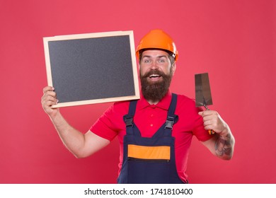 Best Offer Here. Renovation Company Services. Professional Plasterer. Skillful Plasterer. Bearded Man Worker With Plastering Tool. Plasterer Hipster Builder In Hard Hat Hold Blackboard Copy Space.