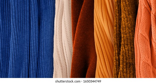 Best Orange Colors Matching For Classic Blue. Fashion Color Trends For Year 2020. Knitted Clothes Fabric Samples. 
