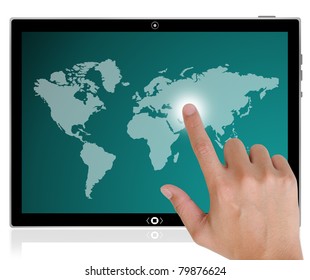 The best PC tablet computer and hand pushing a button on a touch screen interface in wide world.