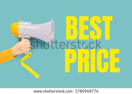 BEST PRICE text in yellow on teal and a hand with megaphone. Sale commercial, best price guarantee. Clearance announcement. Shopping concept
