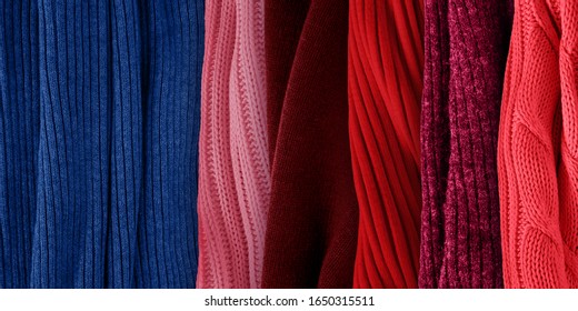 Best Red Colors Matching For Classic Blue. Fashion Color Trends For Year 2020. Knitted Clothes Fabric Samples. 