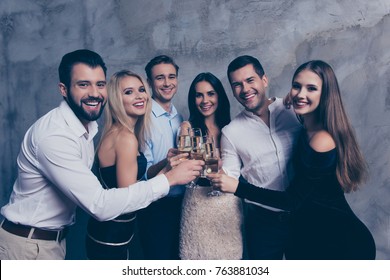 Best Six Friends In Formal Wear Celebrating New Years Corporate Party, Drinking Together, Looking At Camera, Standing Over Grey Background